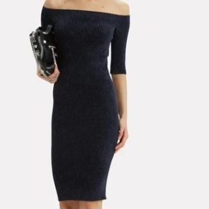Helmut Lang Off the Shoulder Navy Velveteen Dress Size Small